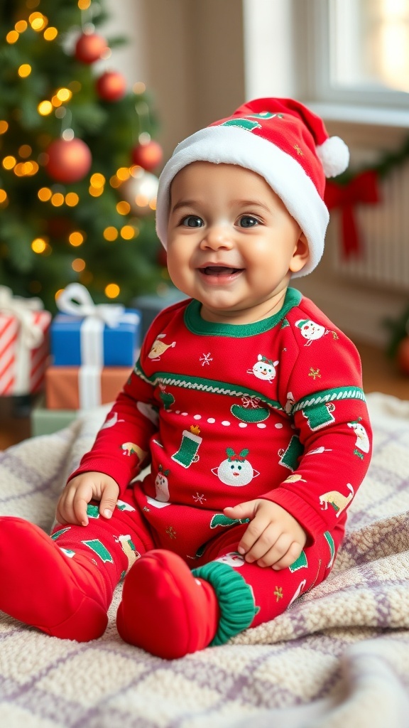 Festive Christmas Outfit for 6-Month-Old Boys 6-month-old boy in a festive Christmas outfit with holiday patterns, sitting on a blanket with decorations.